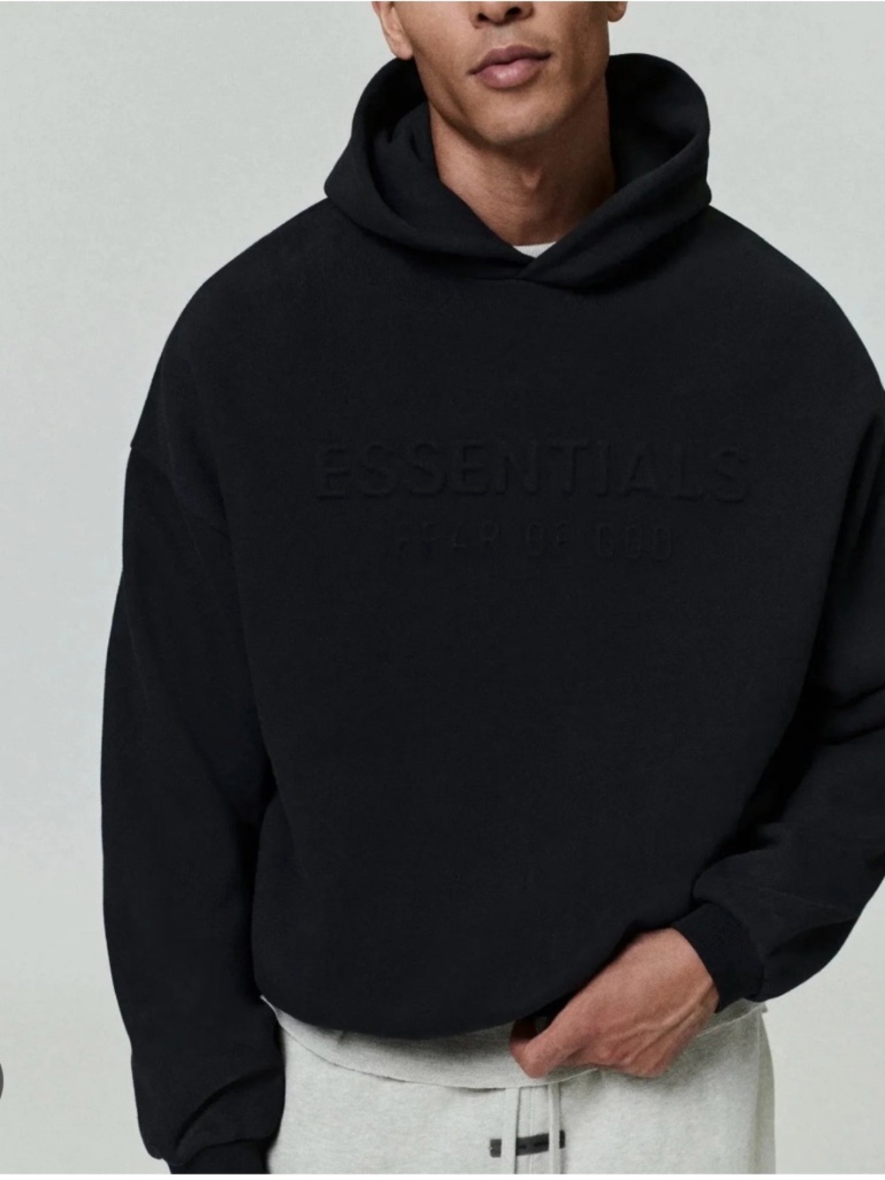 ESSENTIALS Black Embossed Logo Hoodie